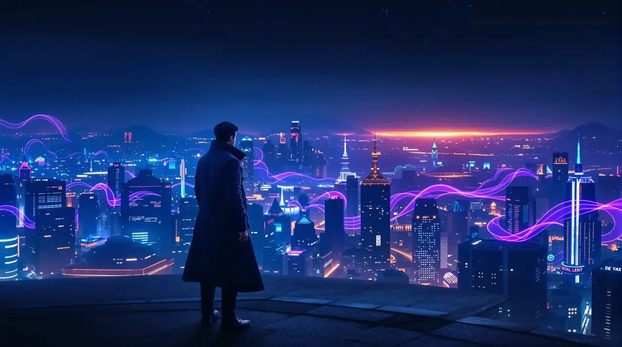 神瞳觉醒剧集海报，男主角在夜色城市天台，眼部带有琥珀色高光
